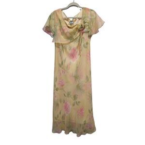 Vintage Menu Yellow Floral Sheer Rosette Flutter Sleeve Maxi Shift Dress, 12